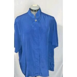 Lauren Lee Silky Satin Polka Blue Blouse 16W Button Up Y2K Coquette VTG